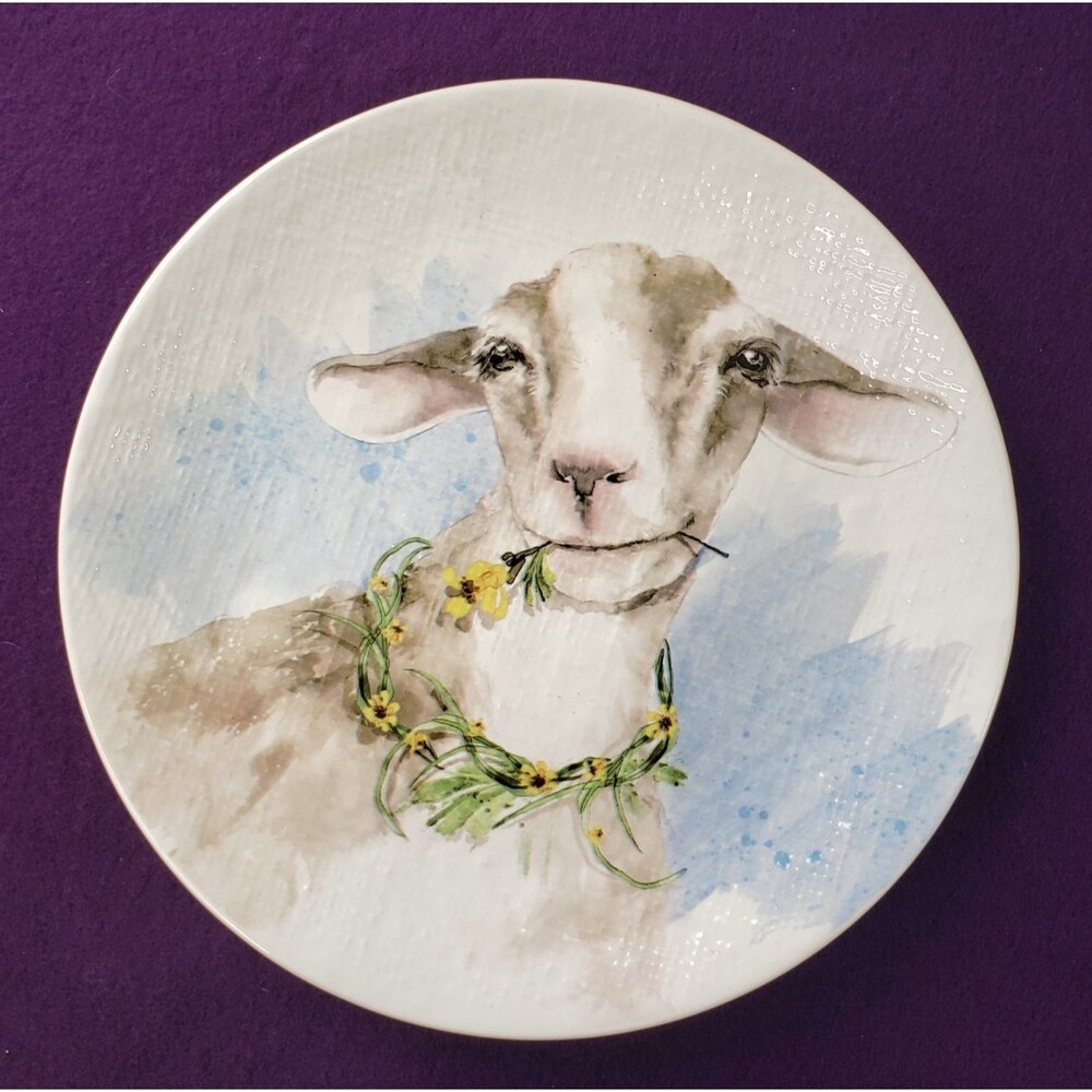 Vintage Pier 1 Goat Dish Plate 8.75" Ironstone Floral Cottage Pastel Spring Farm